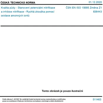 ČSN EN ISO 15685 Změna Z1 - Kvalita půdy - Stanovení potenciální nitrifikace a inhibice nitrifikace - Rychlá zkouška pomocí oxidace amonných iontů - Tisk
