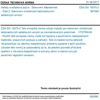 ČSN EN 13075-2 - Asfalty a asfaltová pojiva - Stanovení štěpitelnosti - Část 2: Stanovení mísitelnosti kationaktivních asfaltových emulzí - Tisk