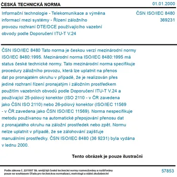 ČSN ISO/IEC 8480 - Informační technologie - Telekomunikace a výměna informací mezi systémy - Řízení záložního provozu rozhraní DTE/DCE používajícího vazební obvody podle Doporučení ITU-T V.24 - Tisk