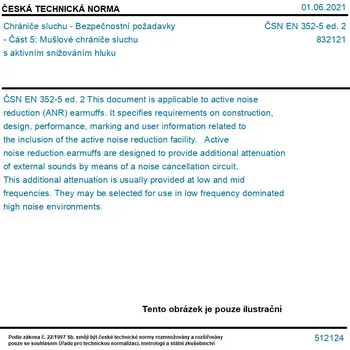 Chránič sluchu ČSN EN 352-5 ed. 2 - Chrániče sluchu - Bezpečnostní požadavky - Část 5: Mušlové chrániče sluchu s aktivním snižováním hluku - Tisk