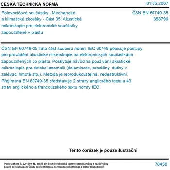 ČSN EN 60749-35 - Polovodičové součástky - Mechanické a klimatické zkoušky - Část 35: Akustická mikroskopie pro elektronické součástky zapouzdřené v plastu - Tisk