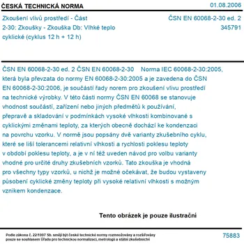 ČSN EN 60068-2-30 ed. 2 - Zkoušení vlivů prostředí - Část 2-30: Zkoušky - Zkouška Db: Vlhké teplo cyklické (cyklus 12 h + 12 h) - Tisk