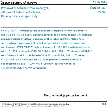 ČSN 03 8371 - Protikorozní ochrana v zemi uložených sdělovacích kabelů s olověnými, hliníkovými a ocelovými obaly - Tisk