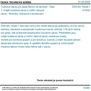 ČSN EN 10226-1 - Trubkové závity pro spoje těsnící na závitech - Část 1: Vnější kuželové závity a vnitřní válcové závity - Rozměry, tolerance a označování - Tisk