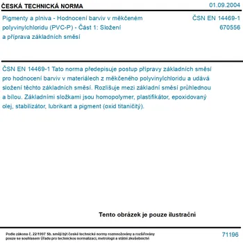 ČSN EN 14469-1 - Pigmenty a plniva - Hodnocení barviv v měkčeném polyvinylchloridu (PVC-P) - Část 1: Složení a příprava základních směsí - Tisk