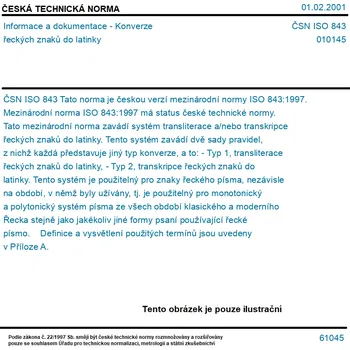 ČSN ISO 843 - Informace a dokumentace - Konverze řeckých znaků do latinky - Tisk