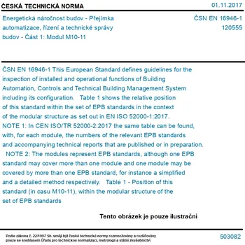 ČSN EN 16946-1 - Energetická náročnost budov - Přejímka automatizace, řízení a technické správy budov - Část 1: Modul M10-11 - Tisk
