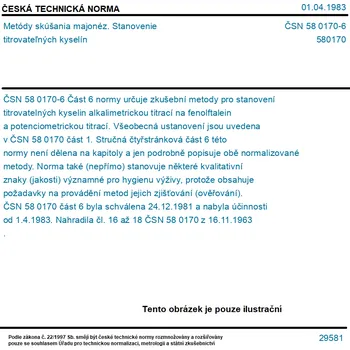 ČSN 58 0170-6 - Metódy skúšania majonéz. Stanovenie titrovateľných kyselín - Tisk