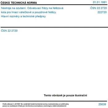 ČSN 22 2720 - Nástroje na ozubení. Odvalovací frézy na řetězová kola pro hnací válečkové a pouzdrové řetězy. Hlavní rozměry a technické předpisy - Tisk