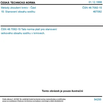 ČSN 46 7092-15 - Metody zkoušení krmiv - Část 15: Stanovení obsahu sodíku - Tisk