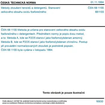 ČSN 68 1155 - Metody zkoušení tenzidů a detergentů. Stanovení celkového obsahu oxidu fosforečného - Tisk