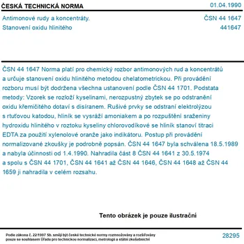 ČSN 44 1647 - Antimonové rudy a koncentráty. Stanovení oxidu hlinitého - Tisk