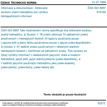 ČSN ISO 8957 - Informace a dokumentace - Kódované soubory znaků hebrejštiny pro výměnu bibliografických informací - Tisk