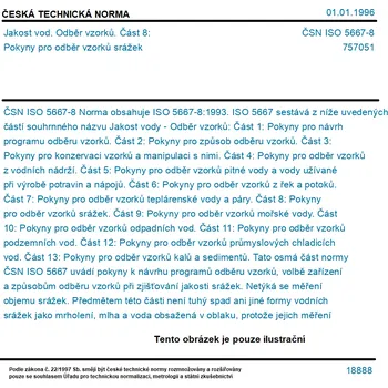 ČSN ISO 5667-8 - Jakost vod. Odběr vzorků. Část 8: Pokyny pro odběr vzorků srážek - Tisk