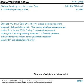 ČSN EN 772-1+A1 - Zkušební metody pro zdicí prvky - Část 1: Stanovení pevnosti v tlaku - Tisk