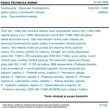 ČSN ISO 11465 - Kvalita půdy - Stanovení hmotnostního podílu sušiny a hmotnostní vlhkosti půdy - Gravimetrická metoda - Tisk