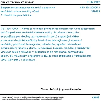 ČSN EN 62005-1 - Bezporuchovost spojovacích prvků a pasivních součástek vláknové optiky - Část 1: Úvodní pokyn a definice - Tisk