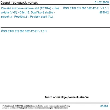 ČSN ETSI EN 300 392-12-21 V1.3.1 - Zemské svazkové rádiové sítě (TETRA) - Hlas a data (V+D) - Část 12: Doplňkové služby - stupeň 3 - Podčást 21: Poslech okolí (AL) - Tisk