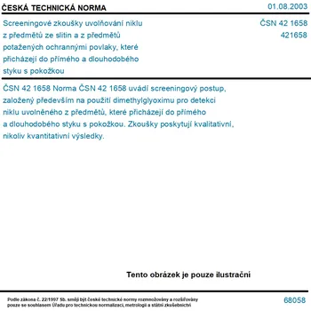 ČSN 42 1658 - Screeningové zkoušky uvolňování niklu z předmětů ze slitin a z předmětů potažených ochrannými povlaky, které přicházejí do přímého a dlouhodobého styku s pokožkou - Tisk