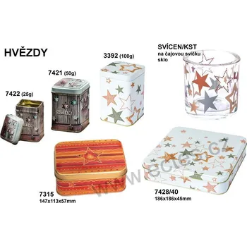 Dóza na potraviny STAR plechová dóza na čaj 7422 hvězdičky a šiška na dřevěných prknech