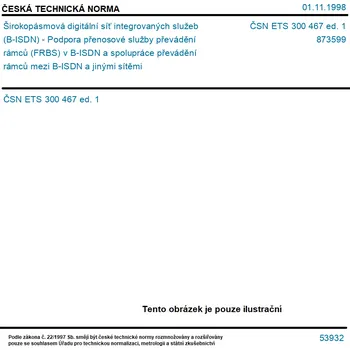 ČSN ETS 300 467 ed. 1 - Širokopásmová digitální síť integrovaných služeb (B-ISDN) - Podpora přenosové služby převádění rámců (FRBS) v B-ISDN a spolupráce převádění rámců mezi B-ISDN a jinými sítěmi - Tisk