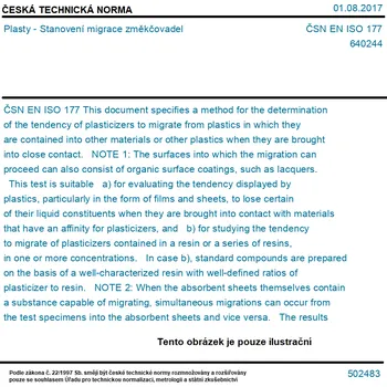 ČSN EN ISO 177 - Plasty - Stanovení migrace změkčovadel - Tisk