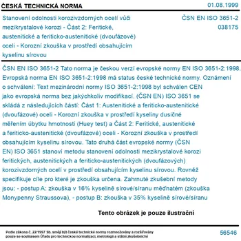 ČSN EN ISO 3651-2 - Stanovení odolnosti korozivzdorných ocelí vůči mezikrystalové korozi - Část 2: Feritické, austenitické a feriticko-austenitické (dvoufázové) oceli - Korozní zkouška v prostředí obsahujícím kyselinu sírovou - Tisk