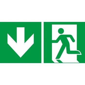 samolepka Tabulka – Nouzový východ vlevo, šipka dolů, samolepicí fólie, 30 × 15 cm