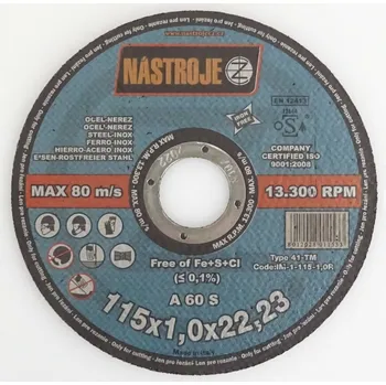 Řezný kotouč Kotouč řezný 115 x 1,0 x 22 mm, na ocel a nerez