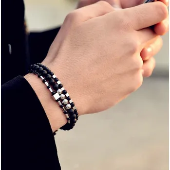 Náramek B-TOP Sada náramků z kamenných korálků - černá/stříbrná