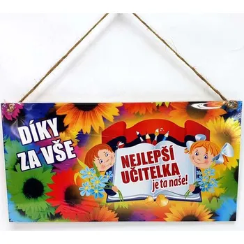 Dřevěná deska barevná 23x12cm bílá s nápisem-Nejlepší učitel-děti, kniha, barevné květy