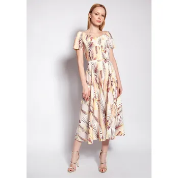 Dámské šaty Značkové midi šaty s výstřihem carmen a potiskem listů - S Barva: Béžová, Velikost: S