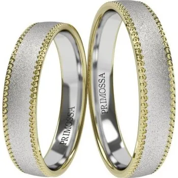 Prsten Primossa Snubní prsteny s pískováním a zdobným okrajem Primossa, bílé a žluté zlato - vzor č. 1181 Dámský prsten: 45 mm, Pánský prsten: 53mm