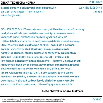 ČSN EN 62262+A1 - Stupně ochrany poskytované kryty elektrických zařízení proti vnějším mechanickým nárazům (IK kód) - Tisk