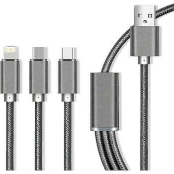 Datový kabel MaxLife Nylonový kabel 3v1 Micro USB / Type-C / for iPhone 8-PIN Fast Charge 2.1A, šedý