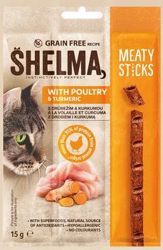 Pamlsek pro kočku Shelma Meaty Sticks s drůbežím a kurkumou 15 g