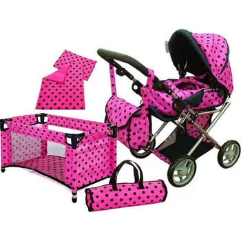 Kočárek pro panenku Doris 5v1 kočárek pro panenky, růžový s puntíky