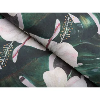 Dekorační látka Leona LN-146 Tropické listy s květy na režném - šířka 140 cm