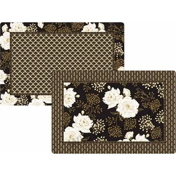 prostírání Easy Life ART DECO & FLOWERS černé velké plastové prostírání bílé květy s ptáčkem a ornamenty