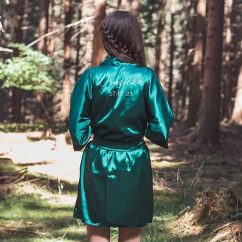 Dámský župan Saténový župánek pro DRUŽIČKU s datem svatby - ZELENÁ Velikost: L, Varianta: Bez svíčky, Dárkové balení: Bez dárkového balení