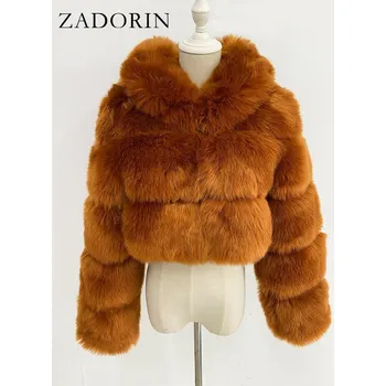 Dámský kožich Crop kožich s kapucí krátká kožešinová bunda Barva: Zlatá, Velikost: S