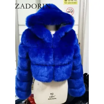 Dámský kožich Crop kožich s kapucí krátká kožešinová bunda Barva: Modrá, Velikost: 3XL