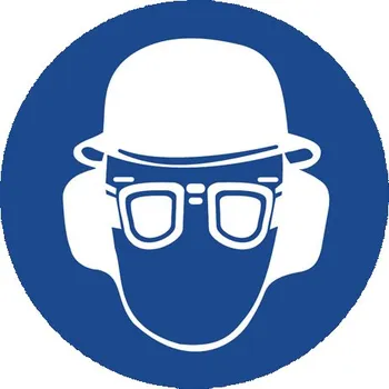 Značka Používej ochrannou přilbu, brýle a chrániče sluchu!, samolepicí fólie, Ø 100 mm