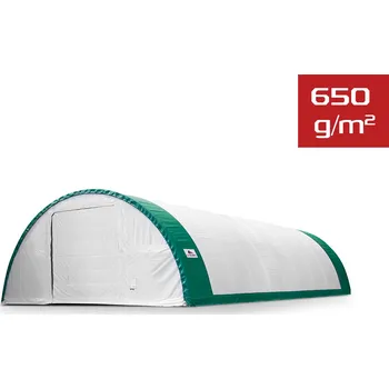 Zahradní stavba Plachtová hala šířka: 9,15 m, délka: 20m, výška: 4,5m, PVC 650g/m2 BÍLÁ SE ZEL. LEMEM, vratový naviják Expedice do 24 hodin