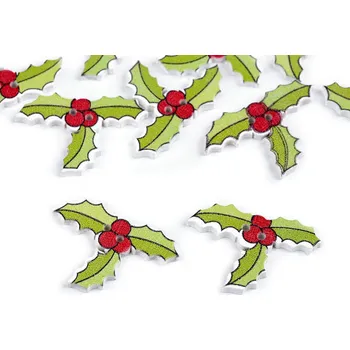 Knoflík Dřevěný dekorační knoflík vánoční cesmína, hvězda, čepice, barva 1 zelená sv. cesmína