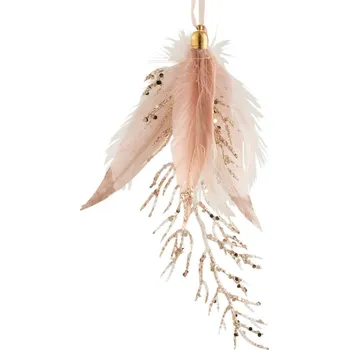 Vánoční ozdoba Závěsná ozdoba větvička se zlatými glitry a růžovými peříčky - 8*2*18 cm
