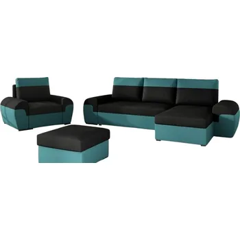 Sedací souprava Sedací souprava DORI černá / modrozelená (sedačka+křeslo+taburet)