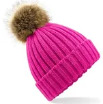 Beechfield Pletená čepice s kožešinovou bambulí Pom Pom Chunky - Fuchsiová