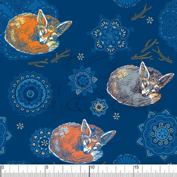 Zakázkový tisk, softshell, kočárkovina... Schoulené lišky na modré Látky k tisku: Kočárkovina