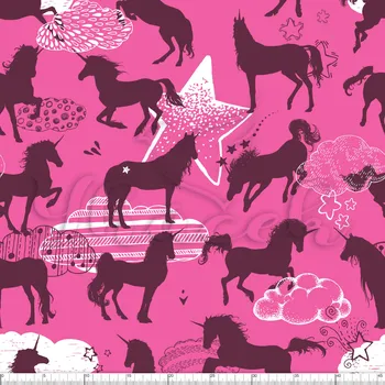 Zakázkový tisk, softshell, kočárkovina... Jednorožci, hvězdy a mraky na růžové Látky k tisku: Microfirba